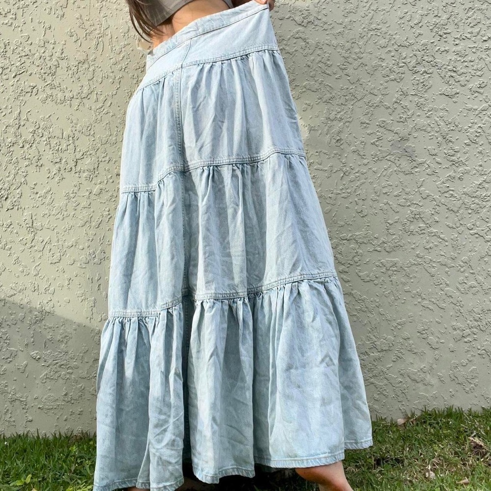 Free People Light Wash Denim Tiered Maxi Skirt - Picture 2 of 5